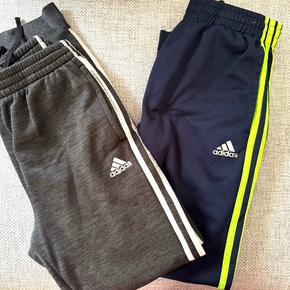 Adidas Navy & Grey Track Pants with Neon Yellow and White Stripes.